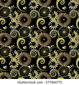 Abstract floral seamless pattern. Gold 3d flowers, swirl leaves and vintage ornaments. Black flowery background. Flourish wallpaper. Luxury modern vector  texture for fabric, textile.