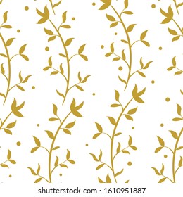 Abstract floral seamless pattern with golden vertical branches and leaves on white background; floral design for fabric, wallpaper, textile, wrapping paper, web design.