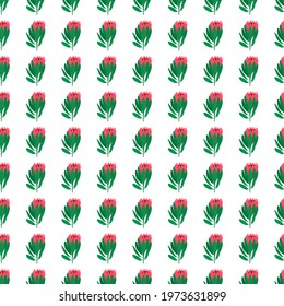 Abstract floral seamless pattern with green leaves and pink flowers. White background. Isolated backdrop. Designed for fabric design, textile print, wrapping, cover. Vector illustration.