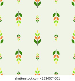 Abstract floral seamless pattern with green, orange, and yellow on light yellow background, for fabric, textile, clothing, wrapping paper, cover, home decor.