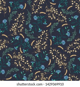 Abstract floral seamless pattern hand drawing on dark background. Blue cornflowers and spike of cereals. Romantic garland for fabric, wrapping, web. Vector illustration