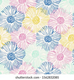 Abstract floral seamless pattern. Hand drawn flowers background in retro blue yellow pink colors. Big blooming flowers. Decorative art illustration for wrapping, textile, fabric, wallpaper etc
