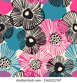 Abstract floral seamless pattern. Hand drawn flowers background in retro black blue pink colors. Big blooming daisy flowers. Decorative art illustration for wrapping, textile, fabric, wallpaper etc