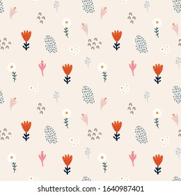 Abstract floral seamless pattern. Hand drawn daisy, crocus and tulip flowers, brush strokes. Flat modern minimalist design for textile, fabric, wrapping paper. Meadow vector illustration background.