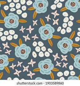 Resumen del patrón floral sin costuras. Flores de margarita, lila y rosa dibujadas a mano con hojas. Diseño minimalista moderno y plano para papel textil, de tela, de envoltura. Fondo de la ilustración del vector de prado. Jardín