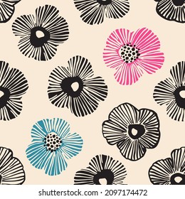 Abstract floral seamless pattern. Hand drawn flowers background in retro black blue pink colors. Big blooming daisy flowers. Decorative art illustration for wrapping, textile, fabric, wallpaper etc