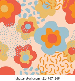Abstract floral seamless pattern. Hand drawn flowers background. Big blooming daisy flowers design and minimal doodle elements. Decorative art illustration for wrapping, textile, fabric, wallpaper etc