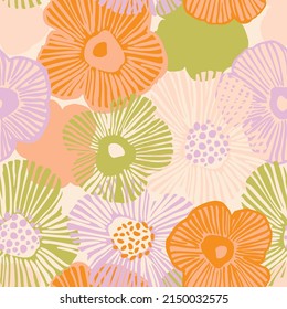 Abstract floral seamless pattern. Hand drawn flowers background in bright colors. Big blooming daisy flowers. Decorative art illustration for wrapping, textile, fabric, wallpaper etc