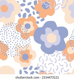 Abstract floral seamless pattern. Hand drawn flowers background. Big blooming daisy flowers design and minimal doodle elements. Decorative art illustration for wrapping, textile, fabric, wallpaper etc
