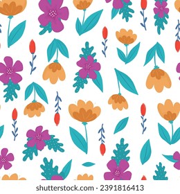 Abstract floral seamless pattern with hand drawn flowers, berries and leaves. Wallpaper, nursery textile prints, apparel decor, wrapping paper, stationary, etc. EPS 10