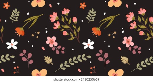 Abstract floral seamless pattern with hand drawn flowers and leaves. Romantic vector background in doodle style for wrapping paper, greeting card, poster and textile.
