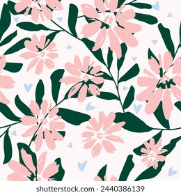 Abstract floral seamless pattern. Hand drawn flowers. Delicate and monochromatic endless background. Vector floral design for label, fabric, packaging. Seamless surface design