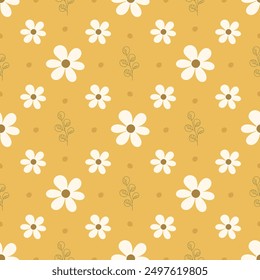 Abstract floral seamless pattern with hand drawn flowers and leaves. Simple ditsy floral seamless pattern. Vector seamless surface pattern background.