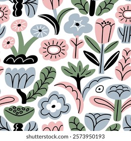 Abstract floral seamless pattern in hand drawn style. Vector coloful illustrated flowers on white background. Botanical seamless print for fabric, wallpaper or wrapping paper. 