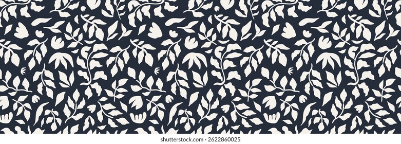 Padrão floral abstrato sem emenda. Textura de formas orgânicas mínimas desenhadas à mão. Collage impressão contemporânea em preto e branco. Ideal para design têxtil, papel de parede, cartões, cartazes e decoração.