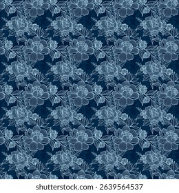 Abstract floral seamless pattern. With hand drawn flower lite blue on dark blue silhouette background. Design for fabric, textile, decorative, wallpaper, wrapping paper and curtain.