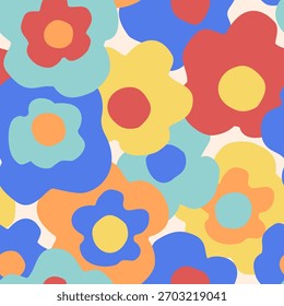 Abstract floral seamless pattern. Hand drawn flowers background in retro colors. Big blooming daisy flowers design. Decorative art illustration for wrapping, textile, fabric, wallpaper etc