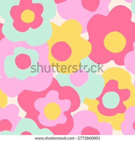 Abstract floral seamless pattern. Hand drawn flowers background in retro colors. Big blooming daisy flowers design. Decorative art illustration for wrapping, textile, fabric, wallpaper etc