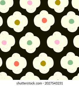 Abstract floral seamless pattern in hand-drawn style. Decorative white flowers on black. Digital graphic design. Floral and geometrical shapes texture.