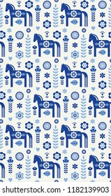 Abstract floral seamless pattern with horse in scandinavian style. Vector Illustration.