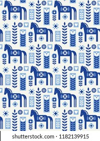 Abstract floral seamless pattern with horse in scandinavian style. Vector Illustration.