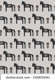 Abstract floral seamless pattern with horse in scandinavian style. Vector Illustration.