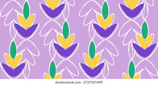 Abstractas patrón floral sin fisuras inspirado en los colores de Mardi Gras, diseñado para fondos festivos, tela y uso de celebración decorativa.