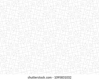 Abstract floral seamless pattern. Intersecting curved elegant stylized leaves and scrolls forming abstract floral background in Arabic style. Arabesque design. Decorative lattice. White texture