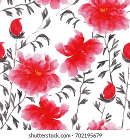 Abstract floral seamless pattern in Japanese folk painting style Sumi-e. Bright pink red  hand drawn fantasy peony flowers and branches on white background.Batik, wallpaper, album cover, textile print