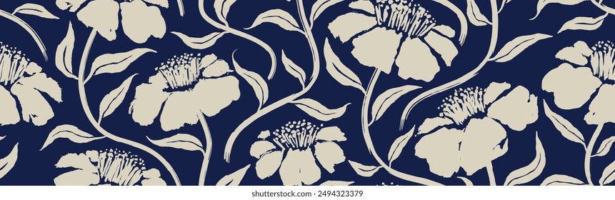 Abstract Floral seamless pattern. leaf and flower pattern with ink brush texture. flowers pattern.