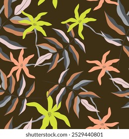 Abstract Floral seamless pattern. leaf and flower pattern with ink brush texture. flowers pattern.