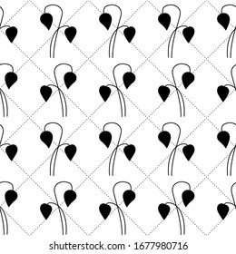 Abstract floral seamless pattern with leaves, netting with circles. Simple geometric style. Black and white outline vector background. Decorative squared grid and branches. 