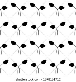 Patrón abstracto floral sin fisuras con hojas, entrelazado con círculos. Estilo geométrico simple. Fondo vectorial de contorno en blanco y negro. Cuadrícula y ramas cuadradas decorativas.