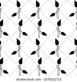 Abstract floral seamless pattern with leaves, netting with circles. Simple geometric style. Black and white outline vector background. Decorative squared grid and branches.