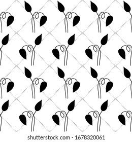 Abstract floral seamless pattern with leaves, netting with circles. Simple geometric style. Black and white outline vector background. Decorative squared grid and branches.