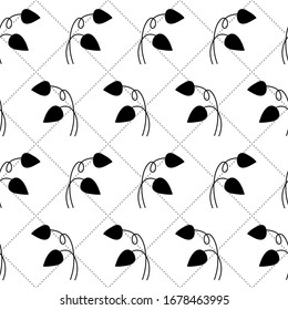Patrón abstracto floral sin fisuras con hojas, entrelazado con círculos. Estilo geométrico simple. Fondo vectorial de contorno en blanco y negro. Cuadrícula y ramas cuadradas decorativas.