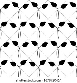 Abstract floral seamless pattern with leaves, netting with circles. Simple geometric style. Black and white outline vector background. Decorative squared grid and branches.
