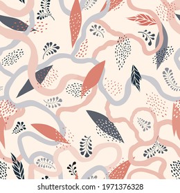 Abstract floral seamless pattern. Leaves artistic drawn background. Flourish ornamental garden  backdrop.