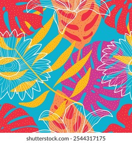 Abstract Floral seamless pattern with leaves. tropical background