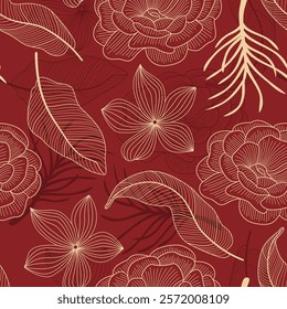 Abstract Floral seamless pattern with leaves. red and gold stroke tropical background