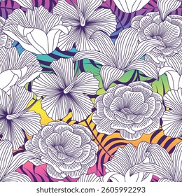 Abstract Floral seamless pattern with leaves. colorful gradient background