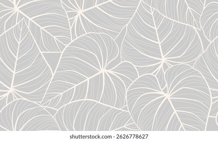 Abstract Floral Seamless Pattern with Leaves Line Art Style. Hand Drawn Leaf Pattern. Linear Leaves Seamless Pattern Modern Trendy Vector Background. Not AI