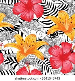 Abstract Floral seamless pattern with leaves. tropical background	
