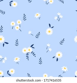 Abstract floral seamless pattern with little daisy flower on blue background vector illustration. Cute nature print.