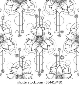 Abstract floral seamless pattern with lotus and geometric elements on white background. Modern wallpaper. Coloring page.