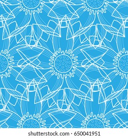 Abstract floral seamless pattern with lotus on blue background. Modern wallpaper, textile print.