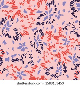 Abstract floral seamless pattern made of leaves, petals, buds, botanical elements. Trendy flat graphic. Meadow flowers. Illusion of wings of butterfly, bird or insect. Simple summer ornament.