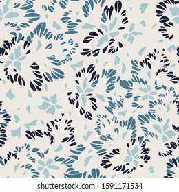 Abstract floral seamless pattern made of leaves, petals, buds, botanical elements. Trendy flat graphic. Meadow flowers. Illusion of wings of butterfly, bird or insect. Simple summer ornament.