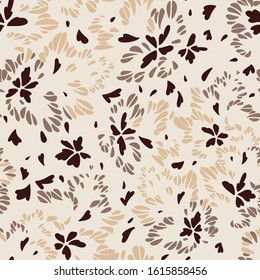 Abstract floral seamless pattern made of leaves, petals, buds, botanical elements. Trendy flat graphic. Meadow flowers. Illusion of wings of butterfly, bird or insect. Simple summer ornament.