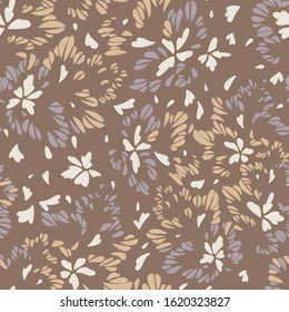 Abstract floral seamless pattern made of leaves, petals, buds, botanical elements. Trendy flat graphic. Meadow flowers. Illusion of wings of butterfly, bird or insect. Simple summer ornament.